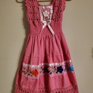 Pink Casual Kids Dress with Floral Embroidery